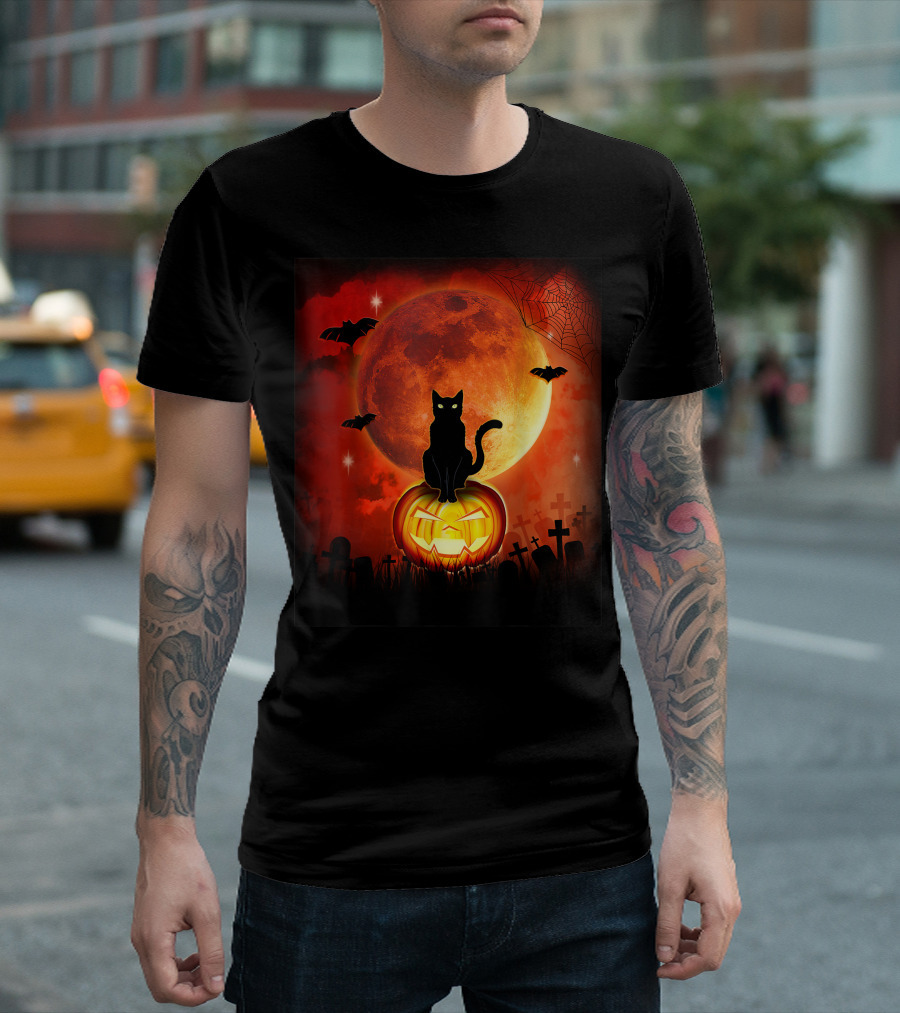 Halloween Black Cat on Jack-o'-Lantern with Full Moon and Bats for Adults T-Shirt