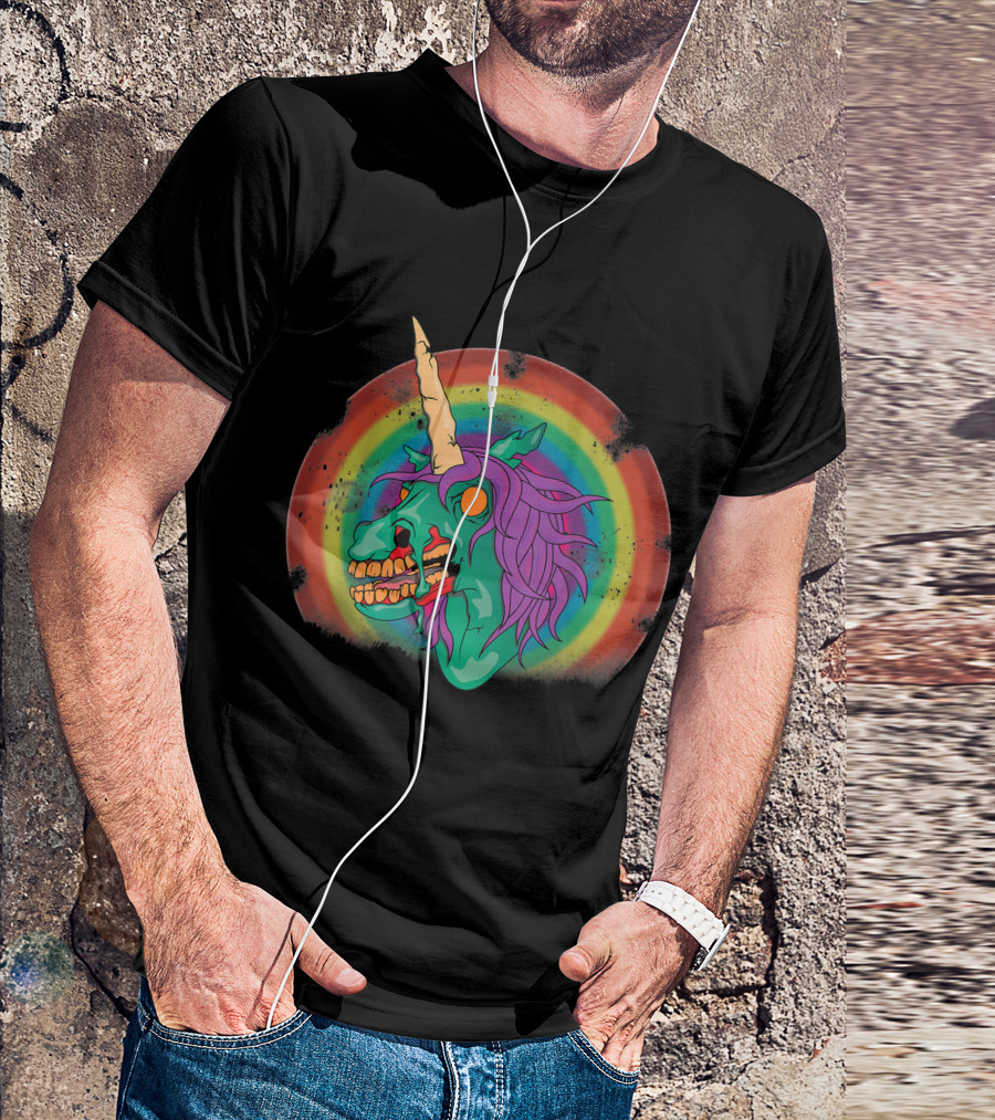 Zombie Unicorn Head With Rainbow Mane T-Shirt