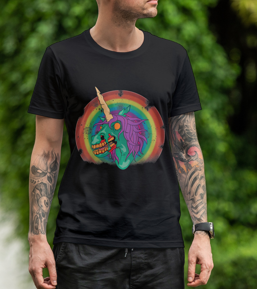 Zombie Unicorn Head With Rainbow Mane T-Shirt
