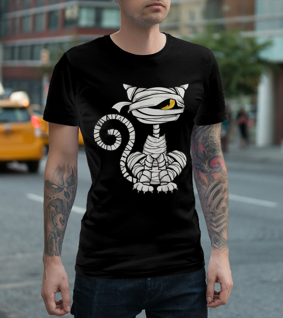 Black Cat Mummy Halloween Drawing Enthusiast Mummy Cat Wrapping Eye Tail T-Shirt