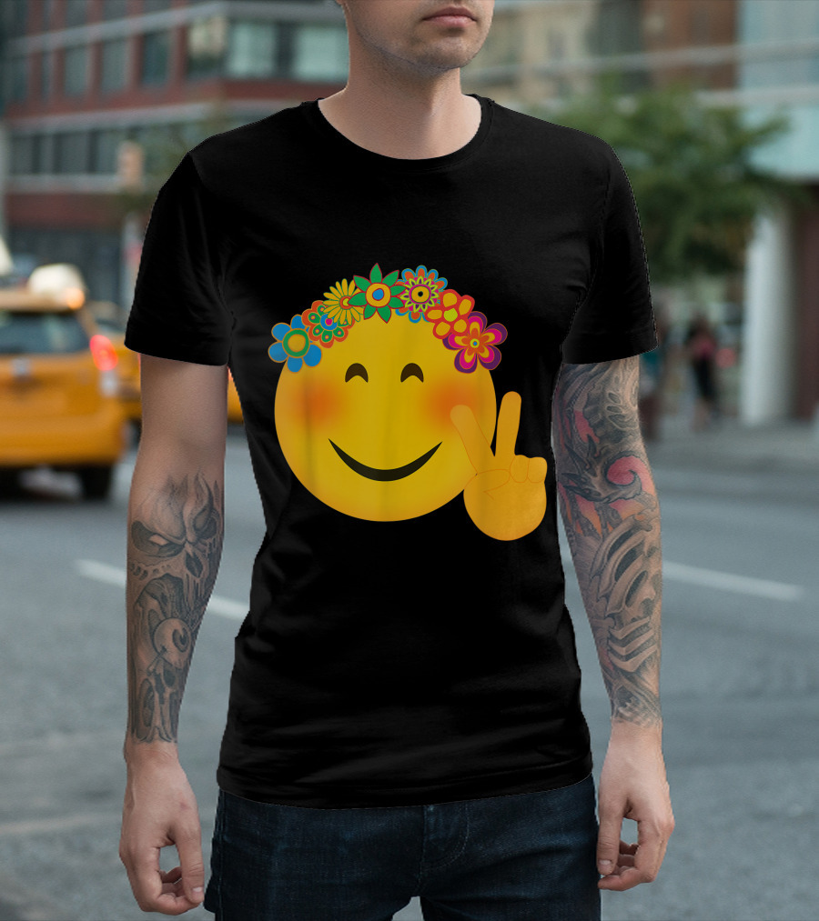 Hippie Emoji Funny Peace Flowers Hippy Smiley Face T-Shirt