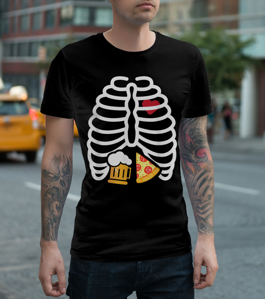 Skeleton Rib Cage Heart Beer Pizza T-Shirt