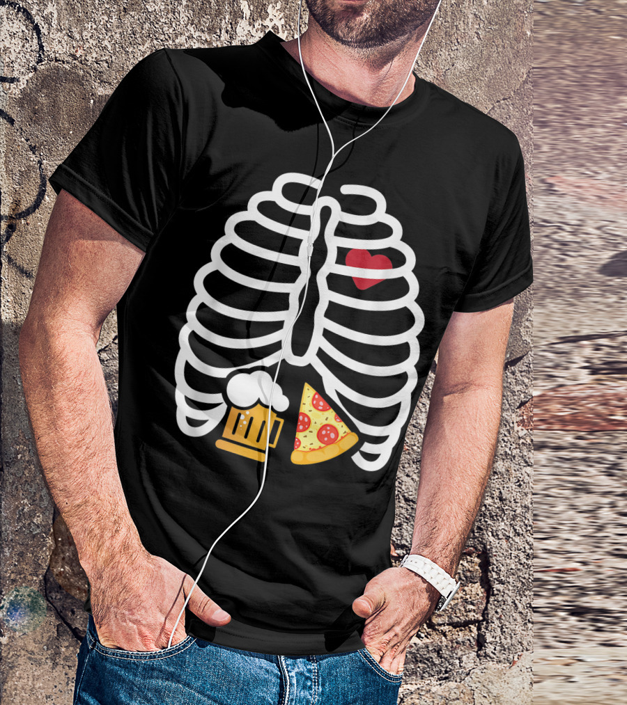 Skeleton Rib Cage Heart Beer Pizza T-Shirt
