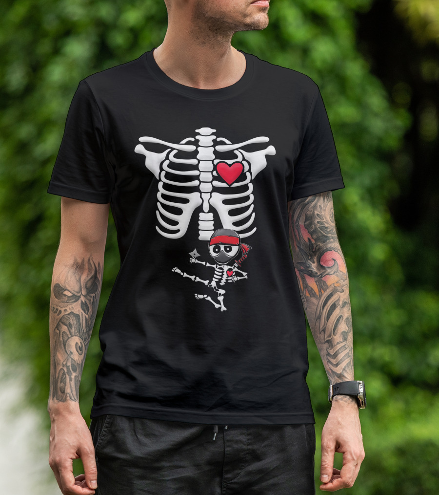 Ninja Skeleton Heart Ribcage With Red Bandana T-Shirt