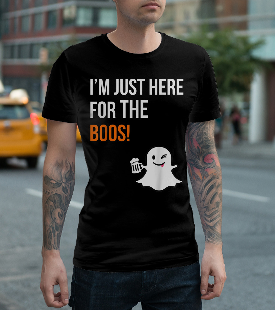 I'm Just Here for the Boos Winking Ghost with Beer Mug Halloween T-Shirt