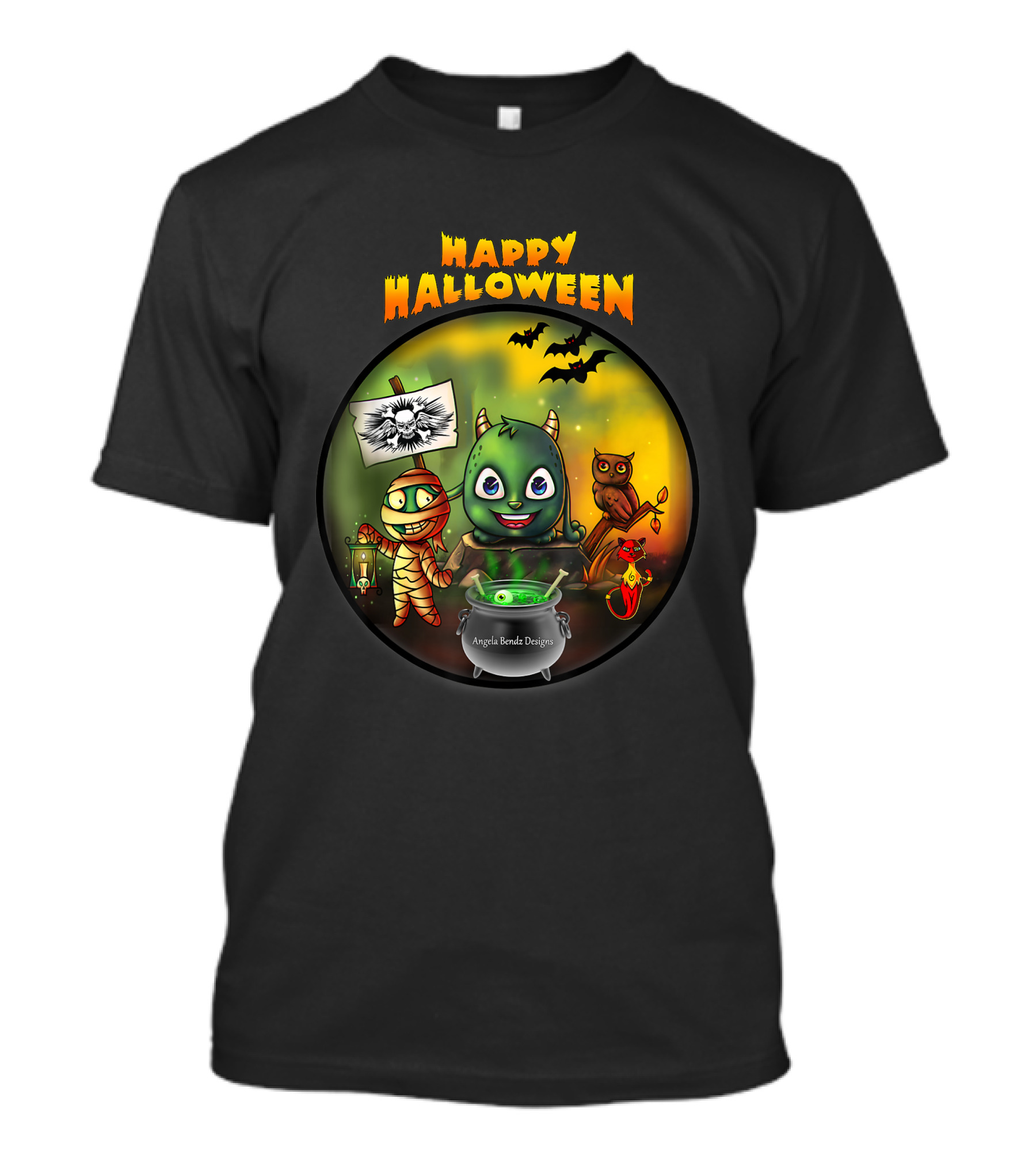 Happy Halloween Angela Branda Designs Mummy Monster Owl Bats Cauldron T-Shirt