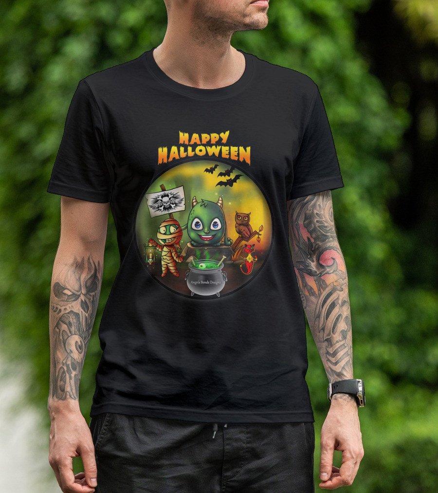 Happy Halloween Angela Branda Designs Mummy Monster Owl Bats Cauldron T-Shirt