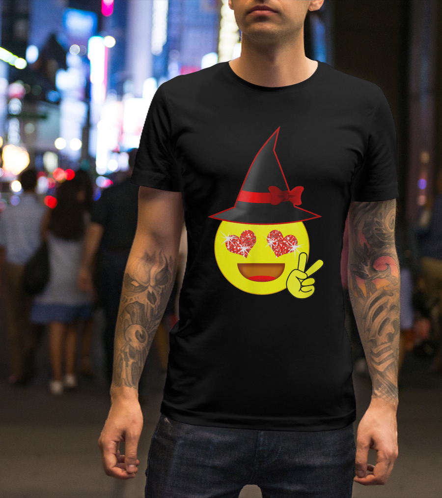 Halloween Witch Heart Eyes Emoji Peace Sign Hat Bow T-Shirt