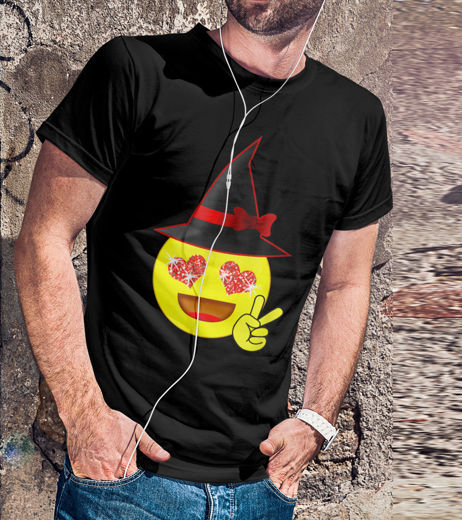 Halloween Witch Heart Eyes Emoji Peace Sign Hat Bow T-Shirt