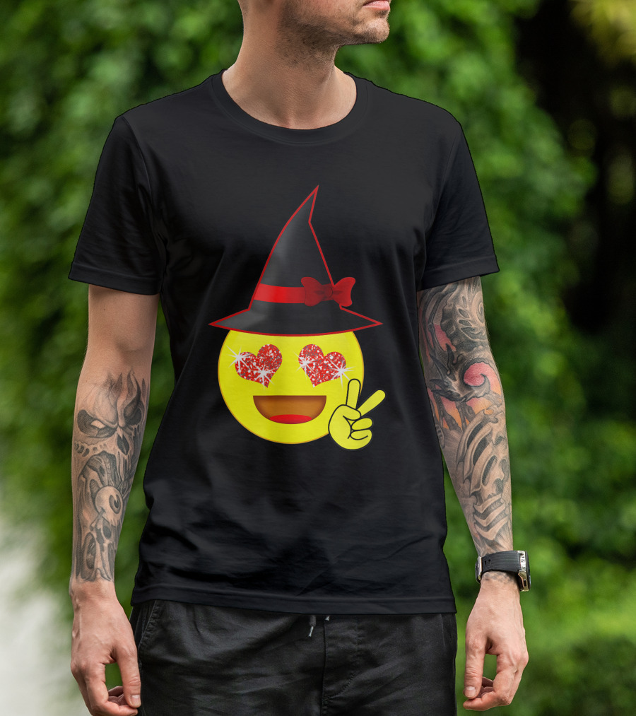 Halloween Witch Heart Eyes Emoji Peace Sign Hat Bow T-Shirt
