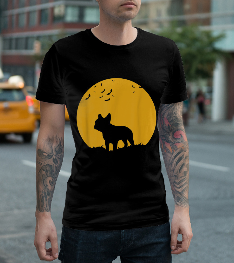 French Bulldog Silhouette Full Moon Halloween Bats T-Shirt