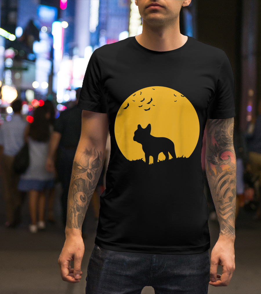 French Bulldog Silhouette Full Moon Halloween Bats T-Shirt