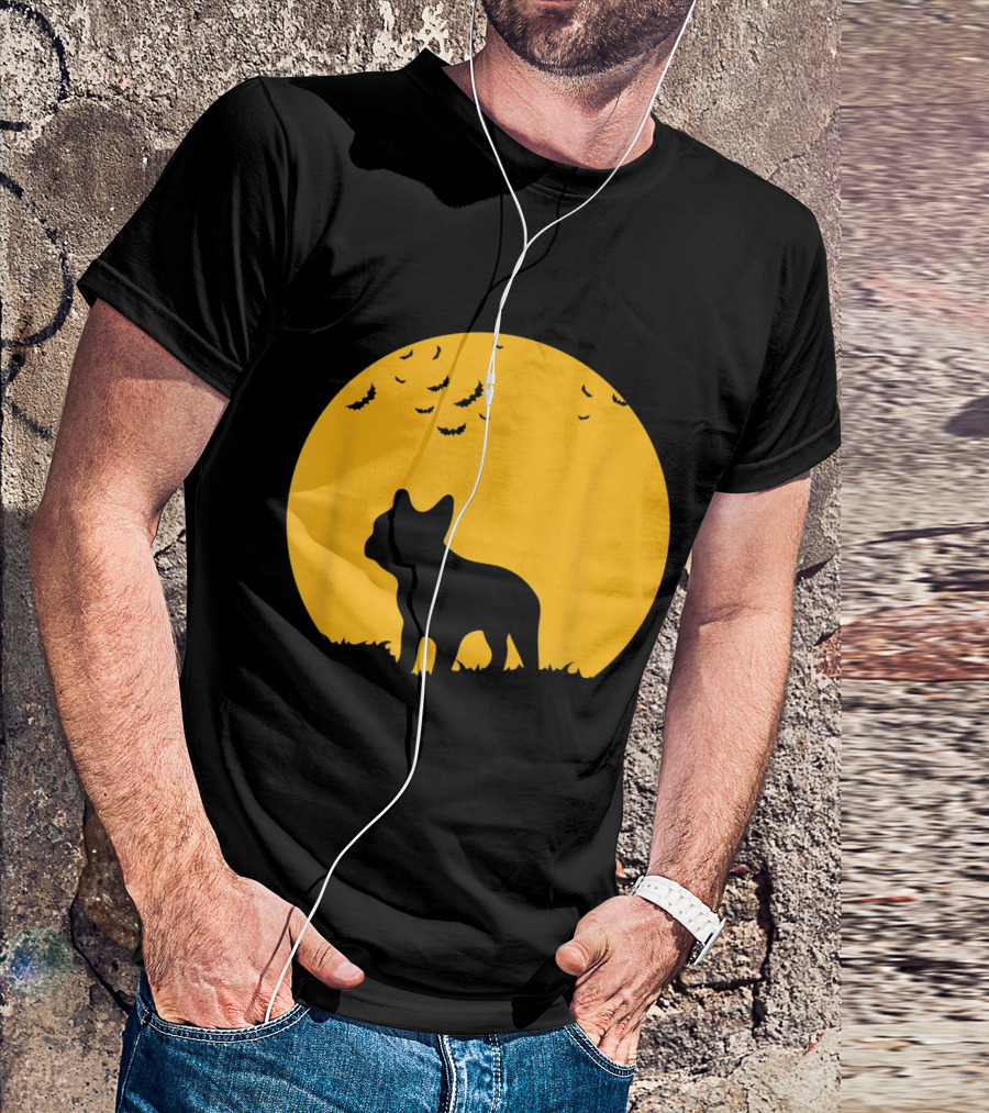 French Bulldog Silhouette Full Moon Halloween Bats T-Shirt