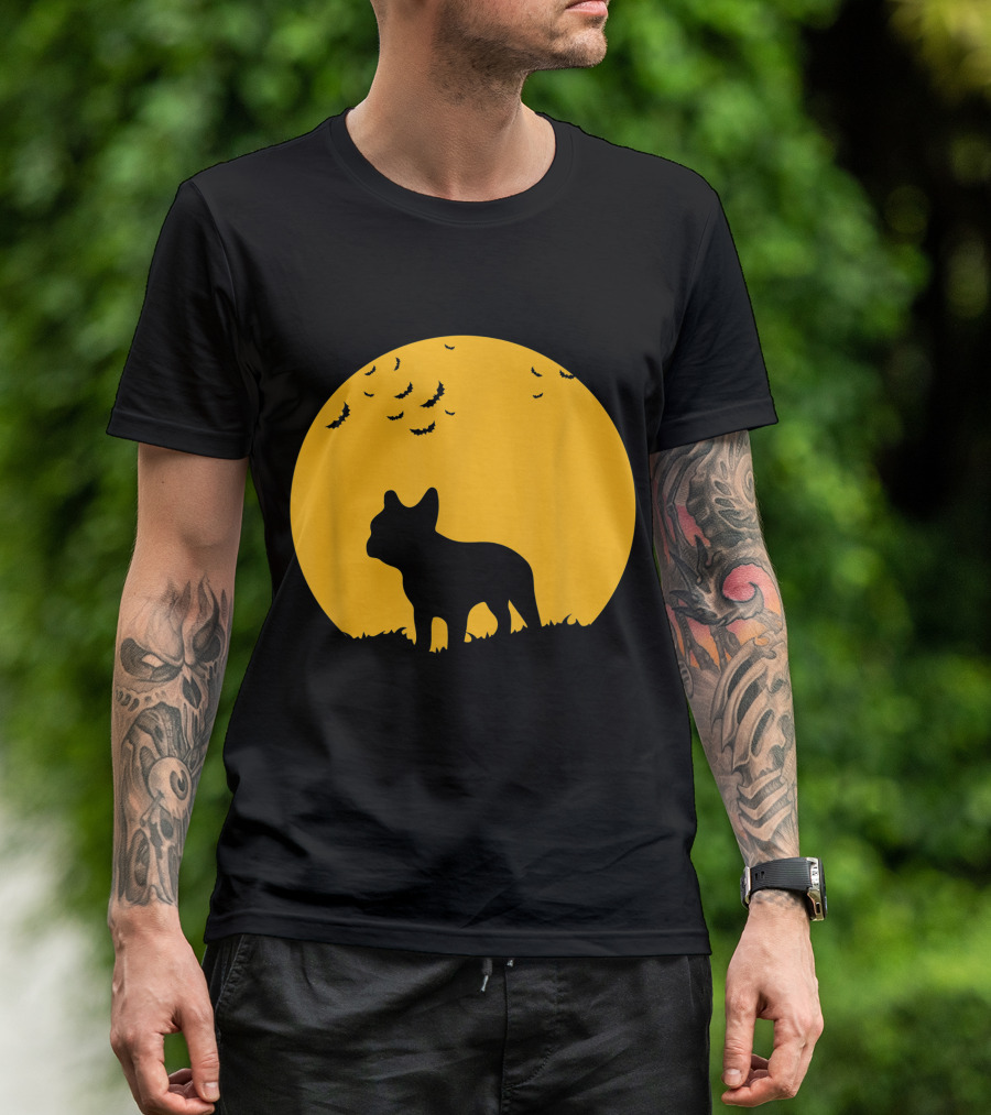 French Bulldog Silhouette Full Moon Halloween Bats T-Shirt
