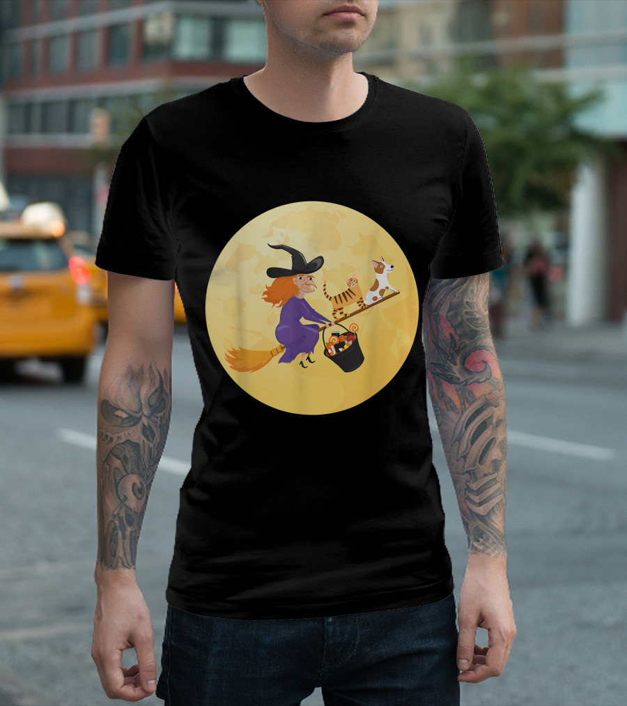 Fun Room On A Broom Witch Cat Dog Candy T-Shirt