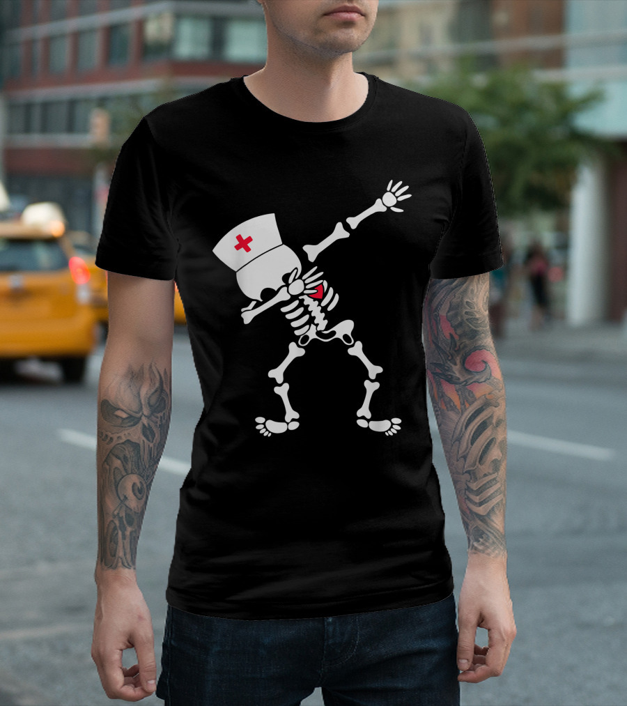 Dabbing Skeleton Nurse Halloween Costume With Nurse Hat And Red Cross T-Shirt