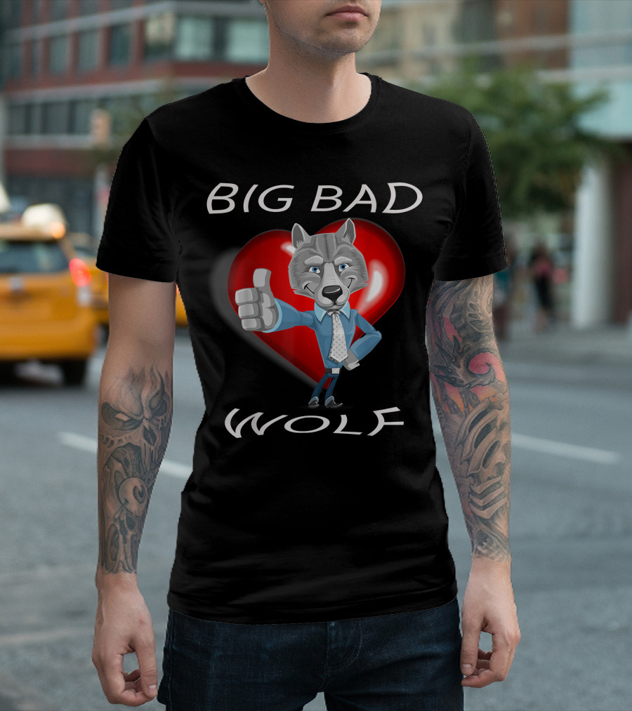 Big Bad Wolf in Suit with Heart Background T-Shirt