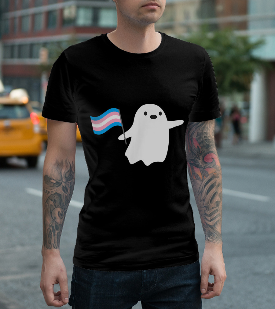 Spooky Ghost Holding Transgender Pride Flag Halloween T-Shirt