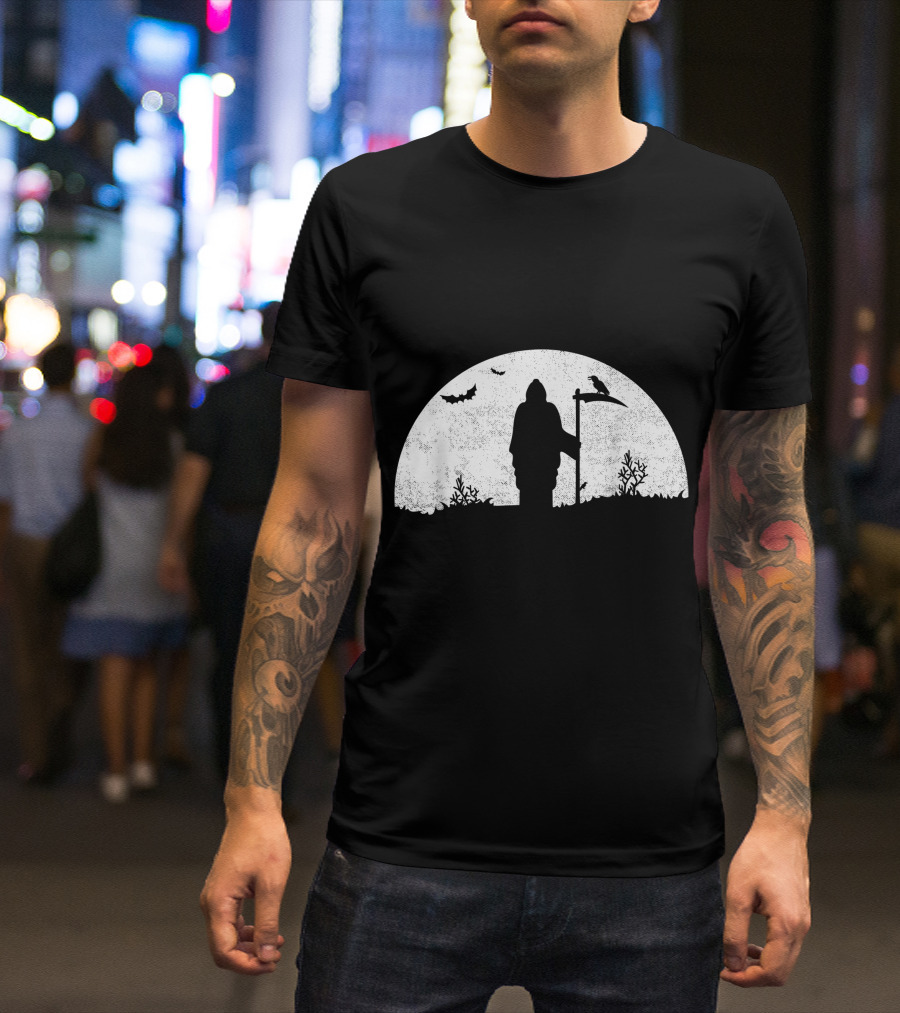 Grim Reaper Distressed Vintage Look Moonlit Silhouette Bats And Raven T-Shirt