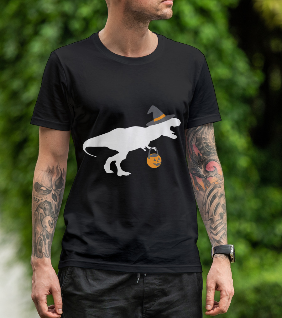 T Rex Witch Halloween Funny Kids Dinosaur Costume Pumpkin Bucket T-Shirt