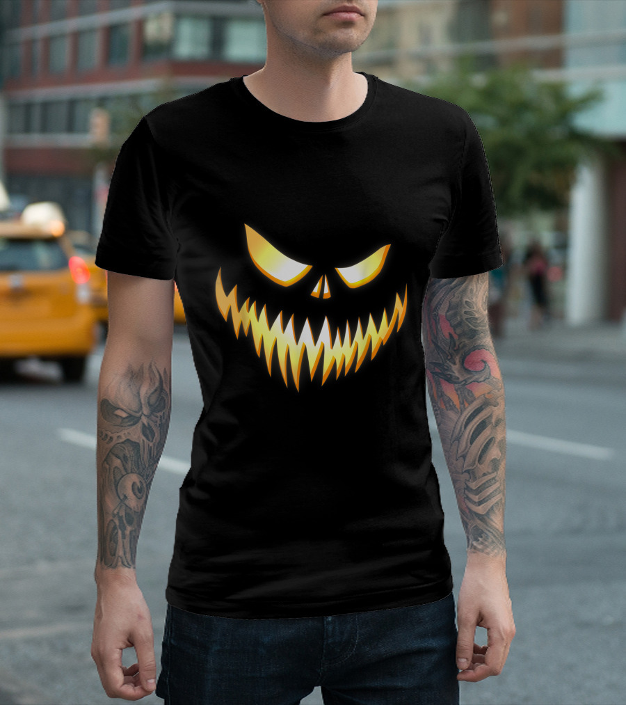 Scary Pumpkin Evil Grin Glowing Jack O'Lantern Face T-Shirt