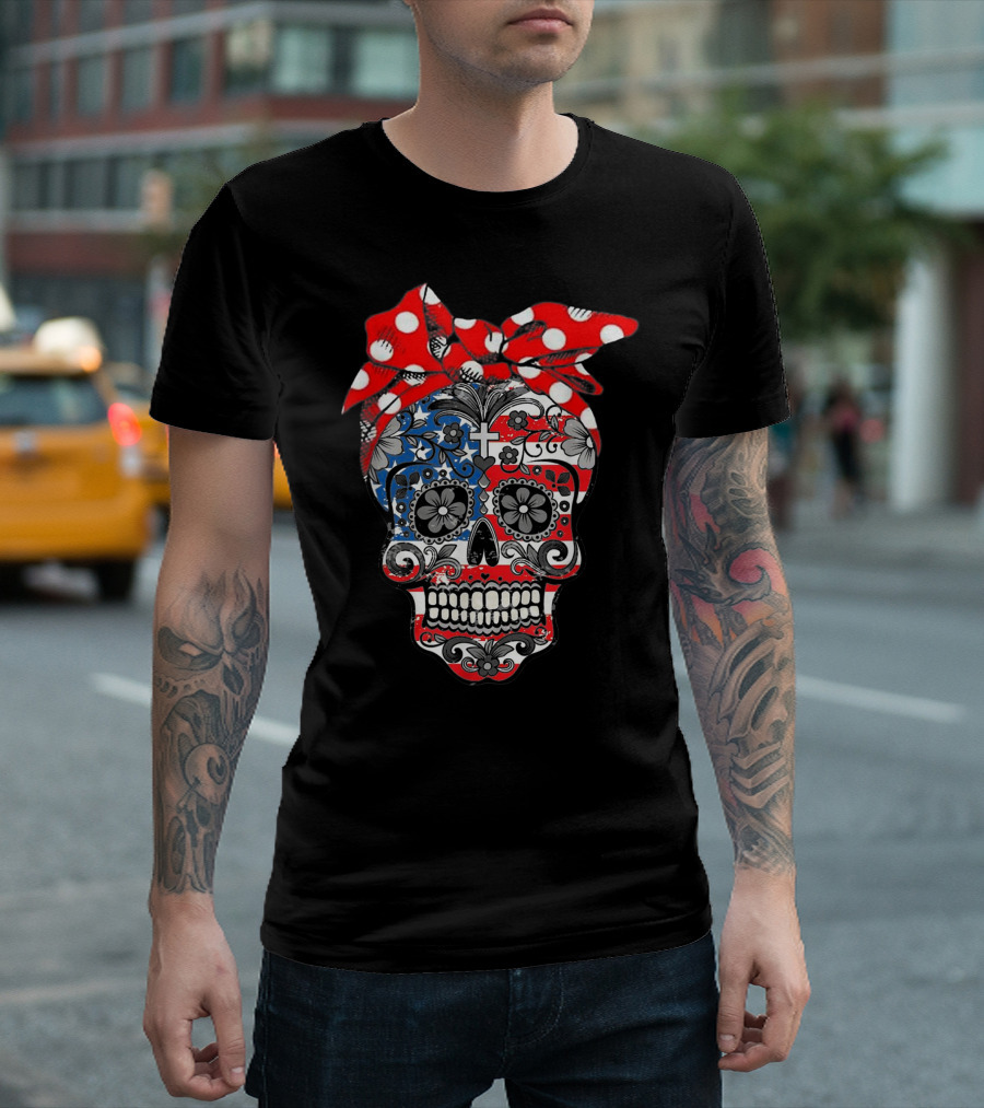 Flower Sugar Skull USA Bandana Cross Polka Dots T-Shirt