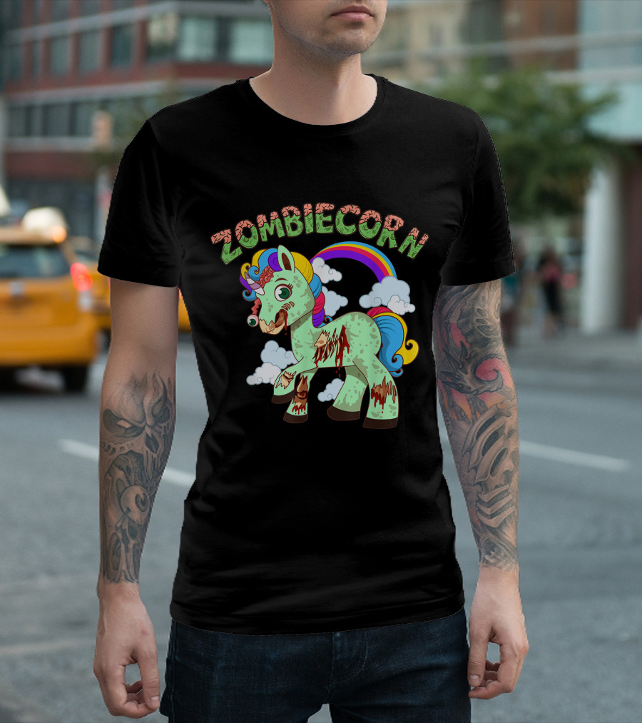 ZOMBIECORN Halloween Scary Horse Monster With Rainbow And Clouds T-Shirt