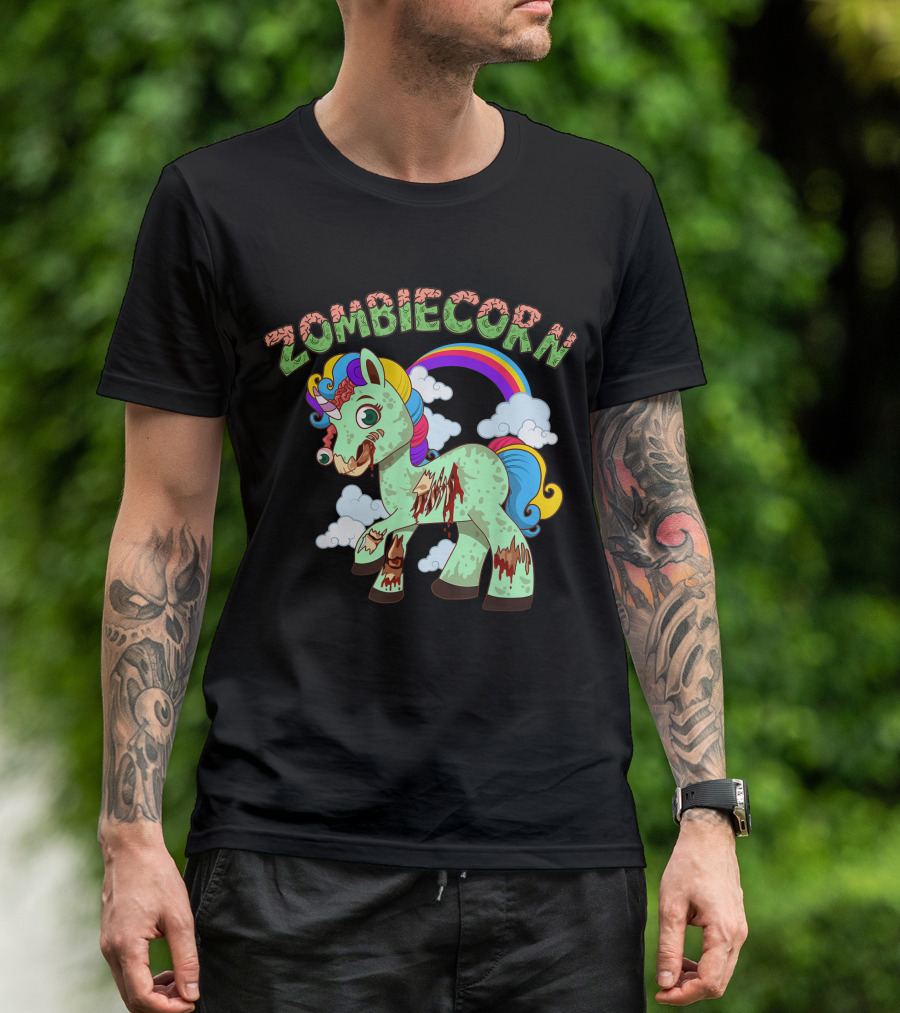 ZOMBIECORN Halloween Scary Horse Monster With Rainbow And Clouds T-Shirt