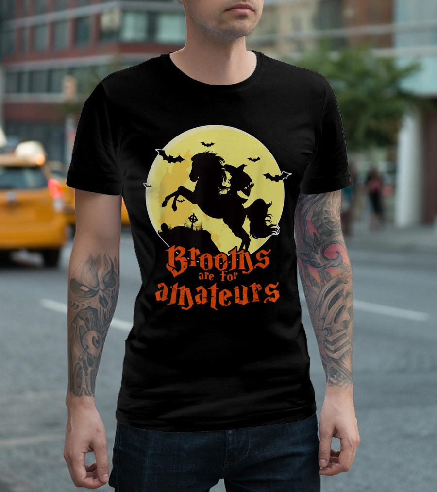Brooms Are For Amateurs Witch Riding Horse with Bats in Moonlight T-Shirt