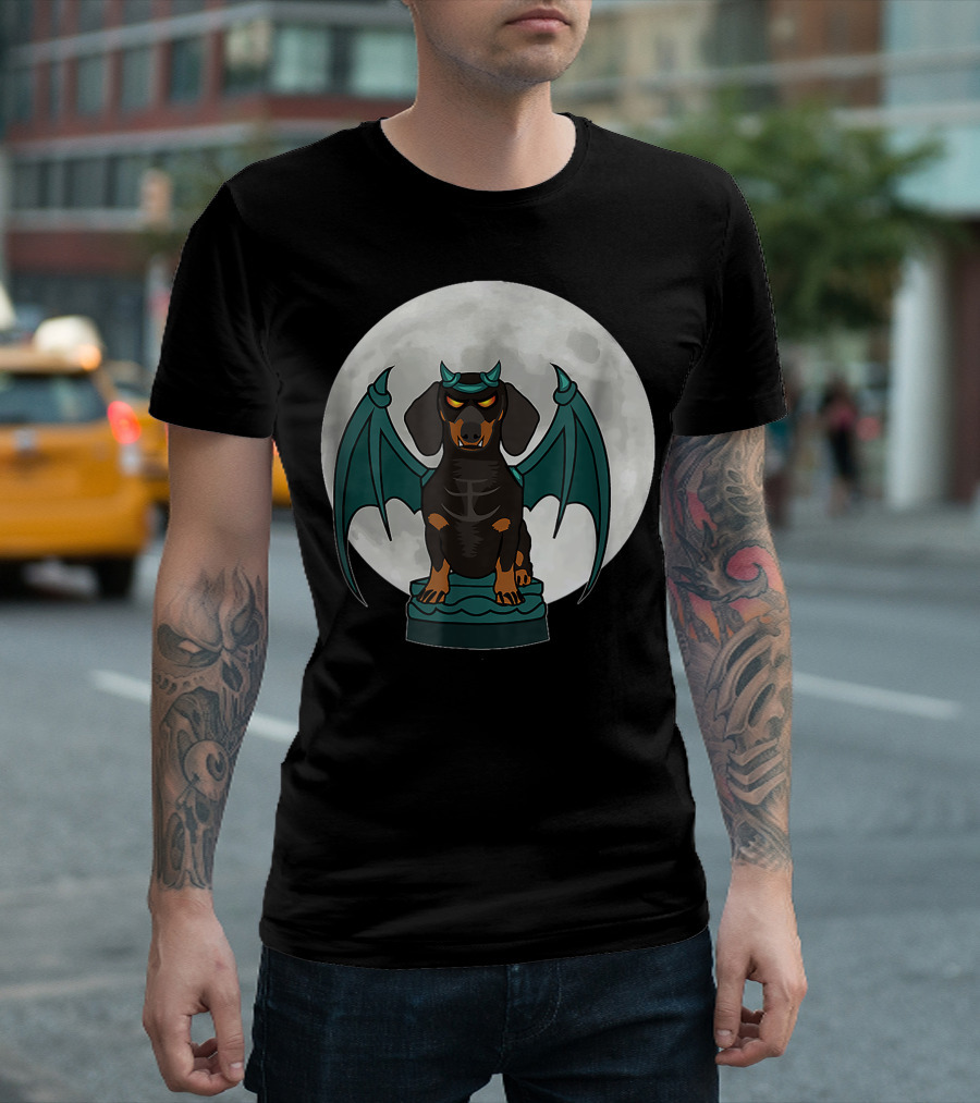 Gargoyle Dachshund Moonlight Wings T-Shirt