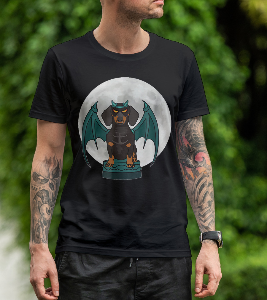 Gargoyle Dachshund Moonlight Wings T-Shirt