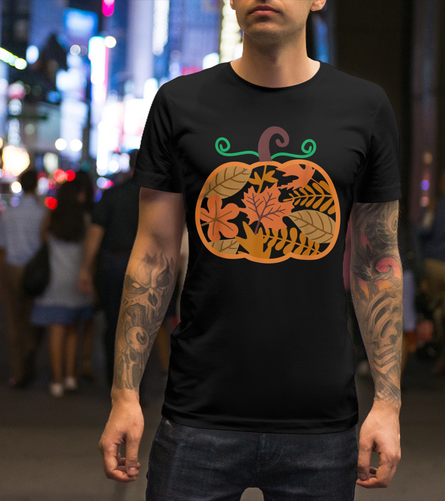 Fall Floral Pumpkin Autumn Leaves Halloween Cute Harvest T-Shirt
