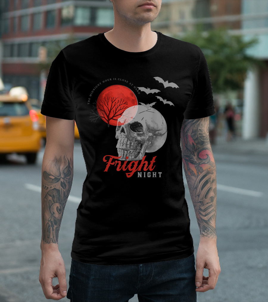 Fright Night Skull with Red Moon and Bats Halloween Wear T-Shirt