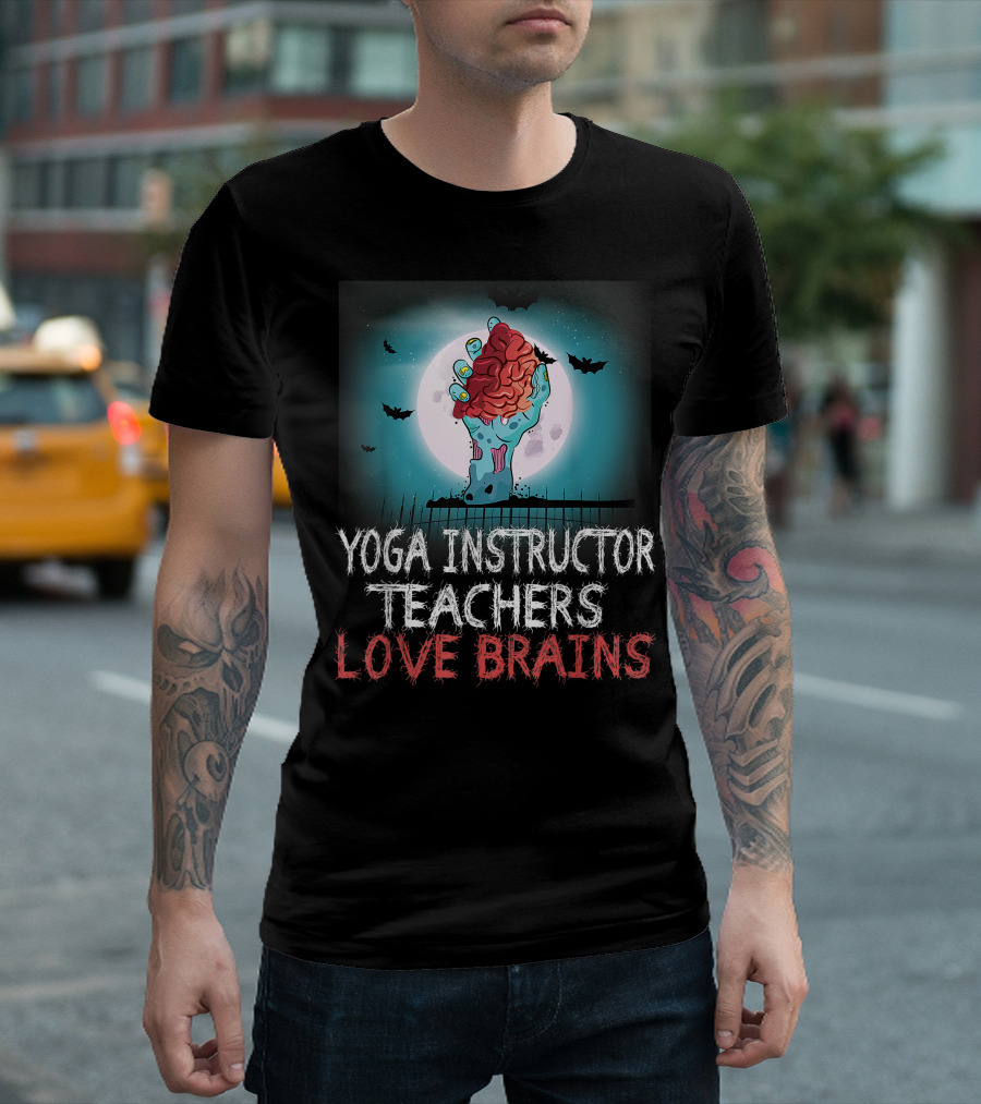 Yoga Instructor Teachers Love Brains Halloween Zombie Moon Bats T-Shirt