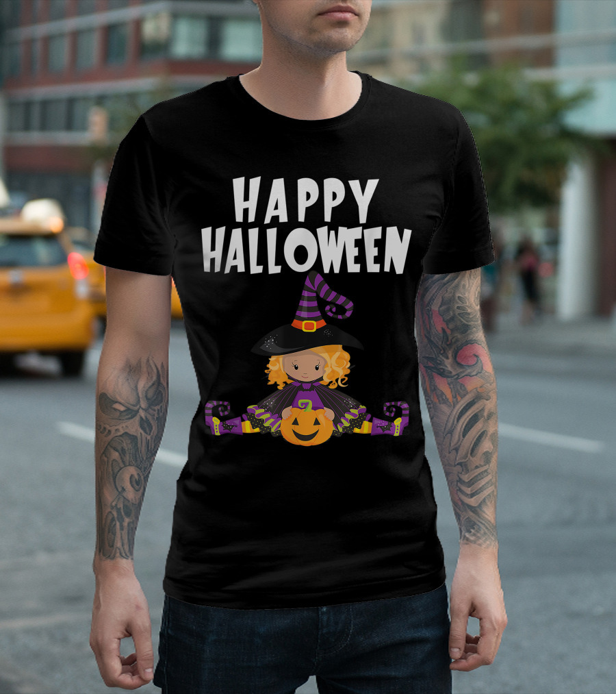 Happy Halloween Funny Yoga Blonde Witch Pose with Pumpkin and Striped Hat T-Shirt