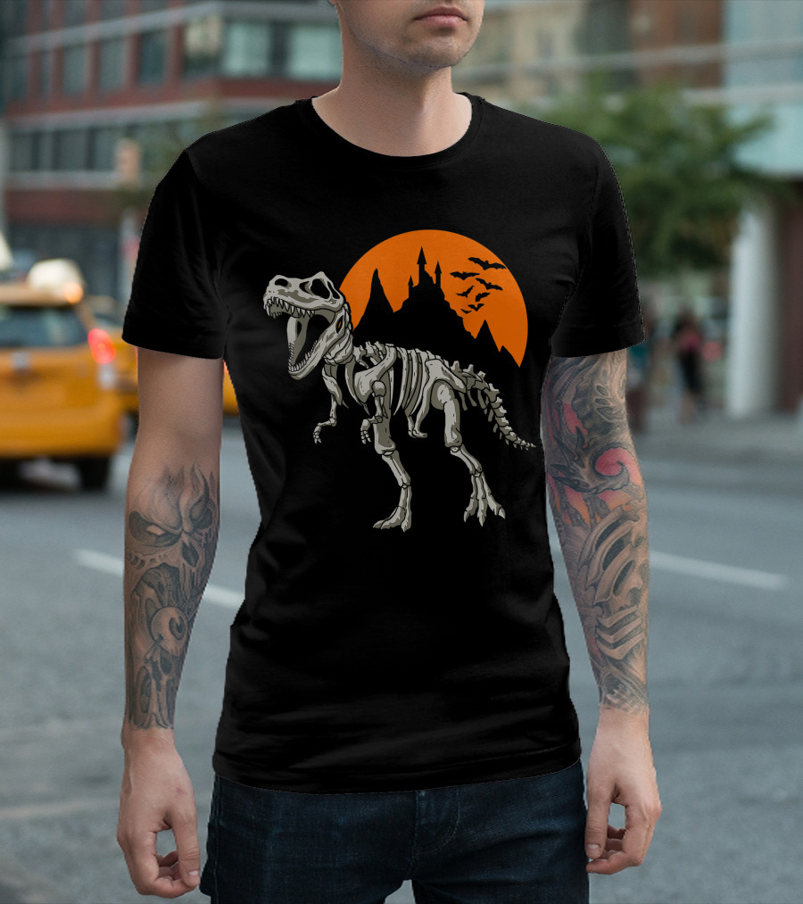 Halloween Rex Dinosaur Skeleton Castle Bats Kids Spooky Moon T-Shirt