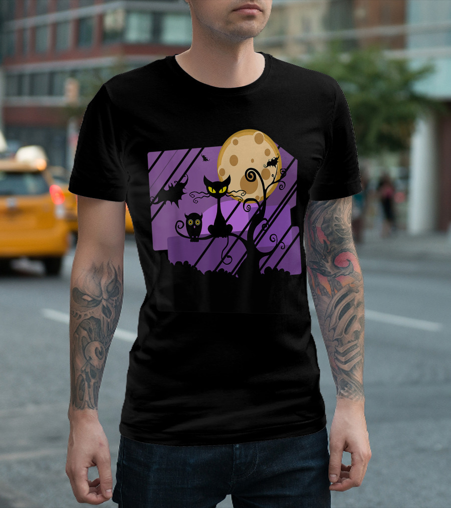 Spooky Black Cat and Owl with Bats on Halloween Full Moon Night T-Shirt