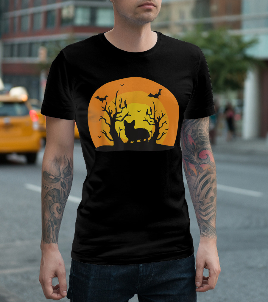 Corgi Dog Halloween Costume Bat Silhouette with Trees and Moon T-Shirt