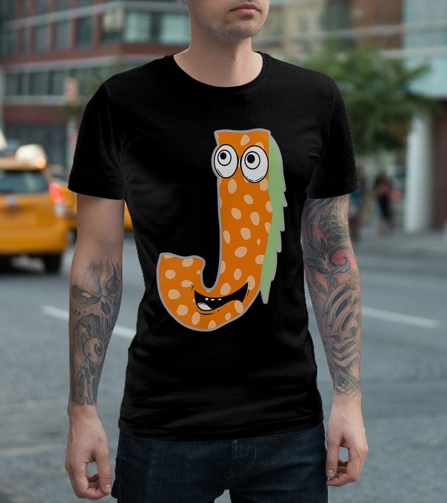 Alphabet J Monster Cute Fun Scary Creature Monogram Initial Orange Green Spotted Face Eyes Smile T-Shirt
