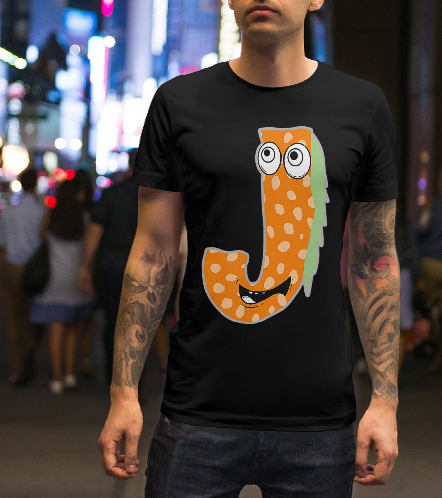 Alphabet J Monster Cute Fun Scary Creature Monogram Initial Orange Green Spotted Face Eyes Smile T-Shirt