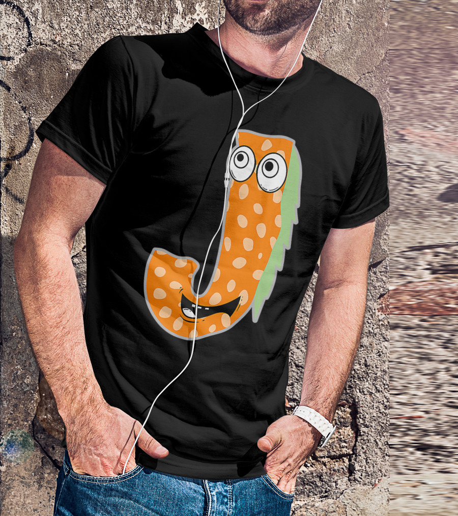 Alphabet J Monster Cute Fun Scary Creature Monogram Initial Orange Green Spotted Face Eyes Smile T-Shirt