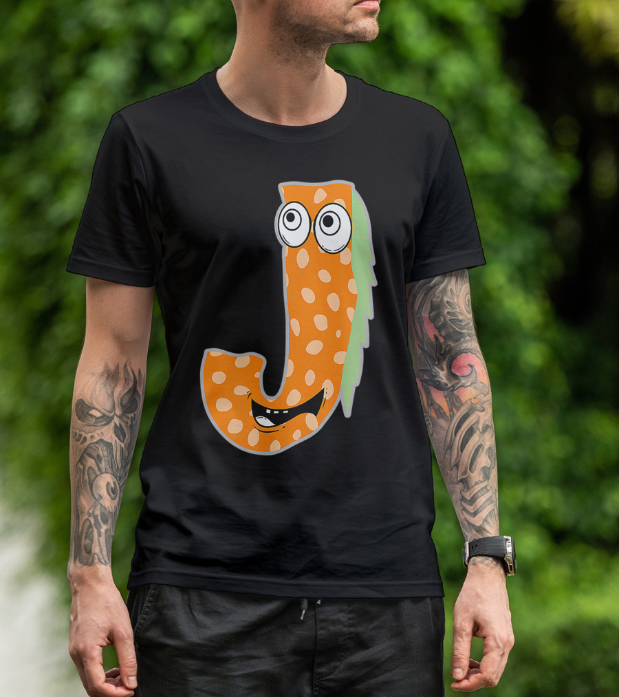 Alphabet J Monster Cute Fun Scary Creature Monogram Initial Orange Green Spotted Face Eyes Smile T-Shirt