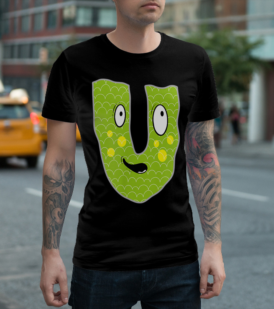 Alphabet U Monster Cute Fun Scary Creature Monogram Initial Green Character with Googly Eyes and Smiling Face T-Shirt