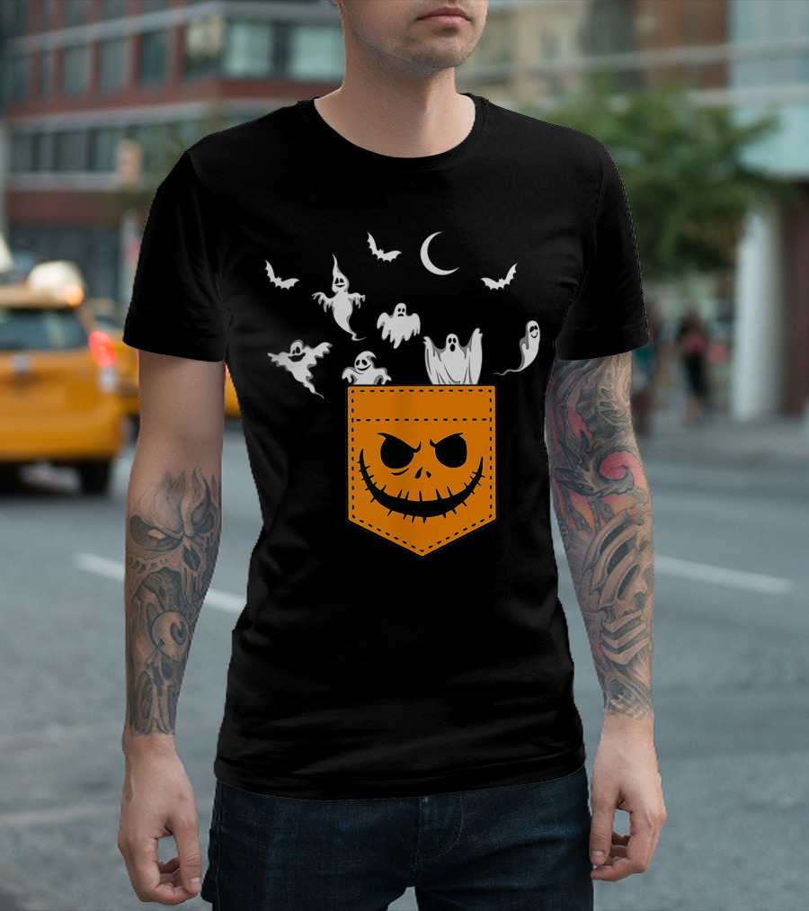 Funny Halloween Pocket Ghosts Peeking with Jack-O'-Lantern Face and Bats T-Shirt