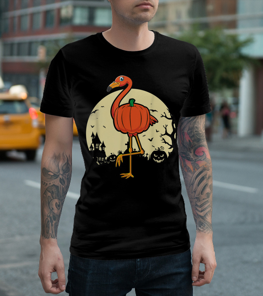 Spooky Flamingo Pumpkin Halloween Cute Bird Lover Haunted Moonlit Scene T-Shirt