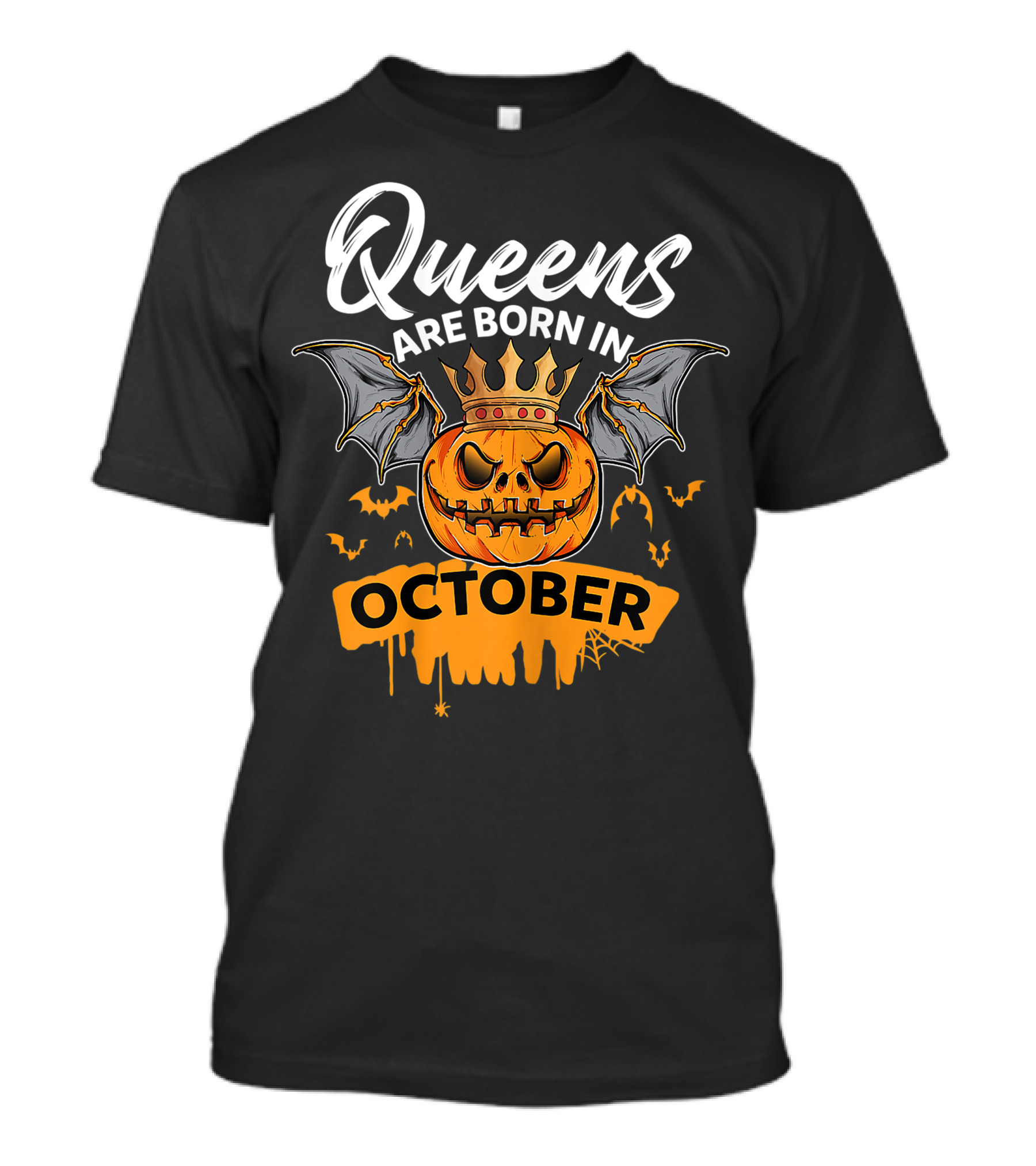 Queens Are Born In October Halloween Pumpkin Bats Crown T-Shirt