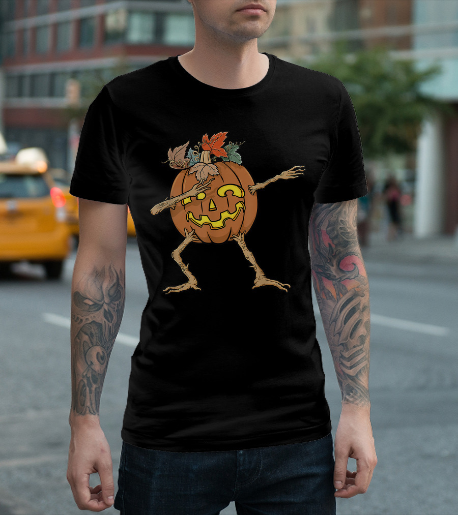 Funny Dabbing Pumpkin Jack O Lantern With Autumn Leaves For Halloween T-Shirt