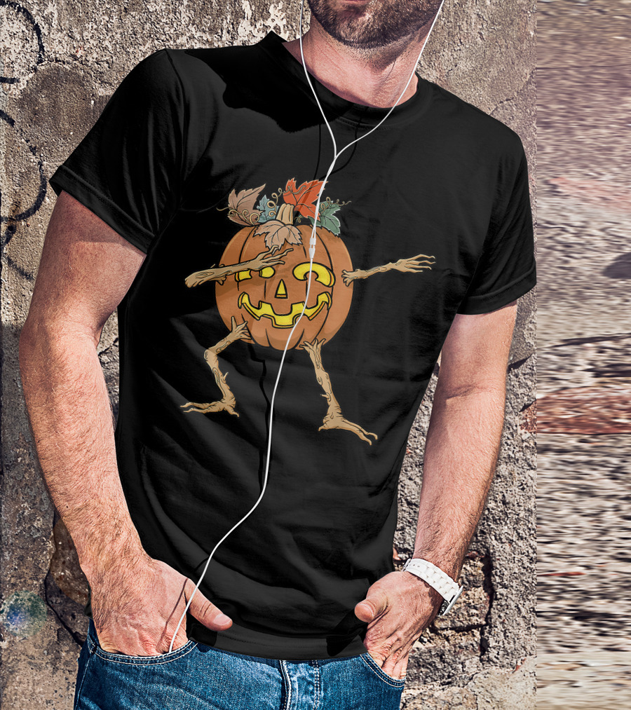 Funny Dabbing Pumpkin Jack O Lantern With Autumn Leaves For Halloween T-Shirt