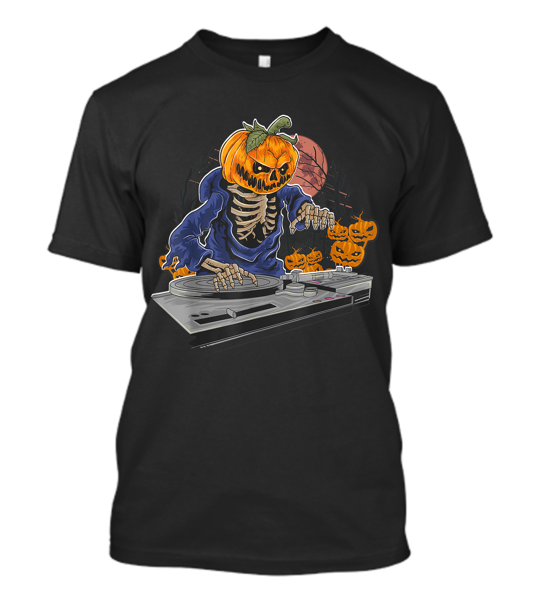 Pumpkin Head Skeleton Halloween DJ With Turntable And Glowing Jack-o'-lanterns T-Shirt