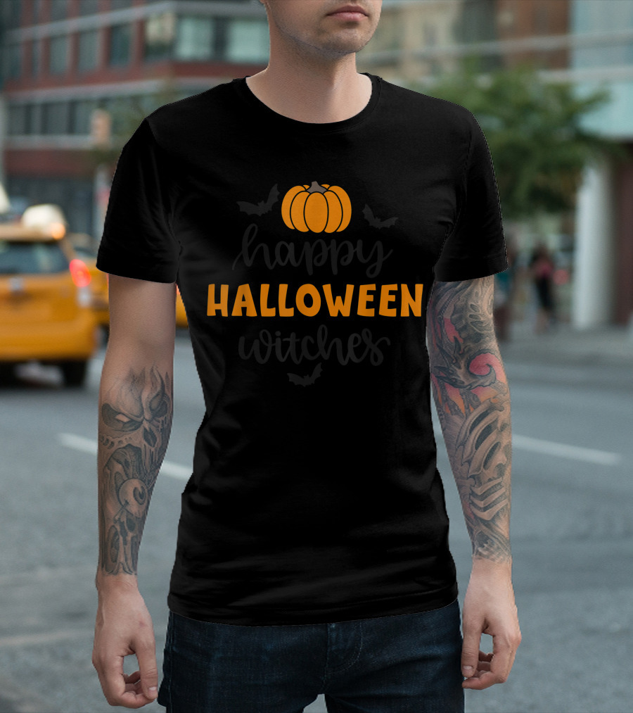 Happy Halloween Witches Pumpkin And Bats T-Shirt